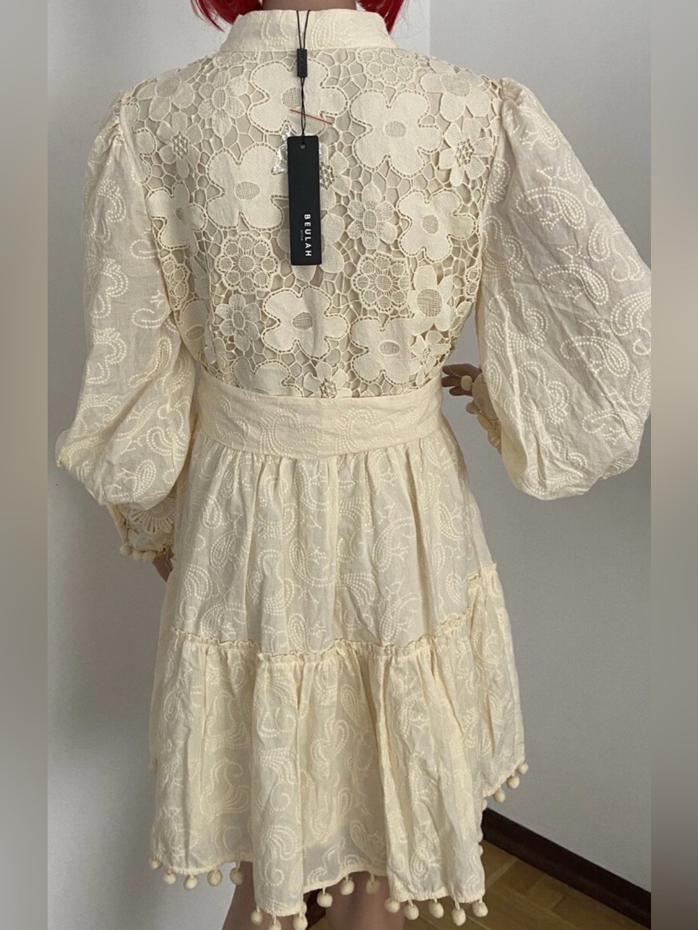 Beulah Cream Lace Tiered Midi Dress with Puff Sleeves